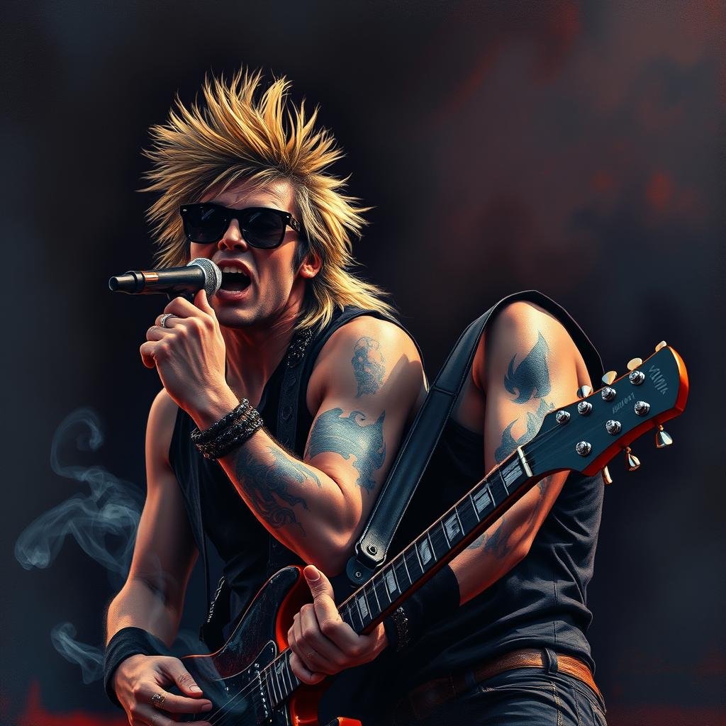 A painted image depicting a rock singer and guitarist with a mullet hairstyle passionately performing on stage