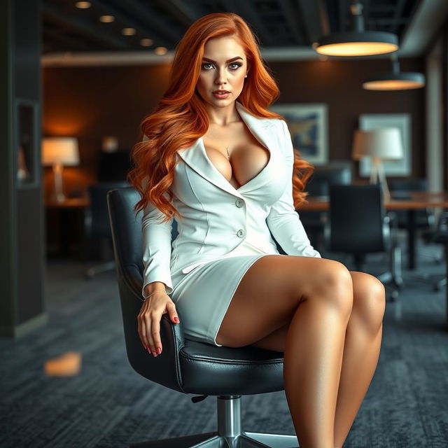 A sexy, beautiful, curvy, voluptuous girl with long flame red hair and captivating green eyes, sitting provocatively on a chair in a stylish office environment