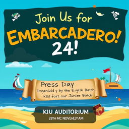 Create a vibrant and engaging poster for a campus event titled 'Embarcadero 24', themed after the movie 'Pirates of the Caribbean'