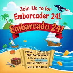 Create a vibrant and engaging poster for a campus event titled 'Embarcadero 24', themed after the movie 'Pirates of the Caribbean'