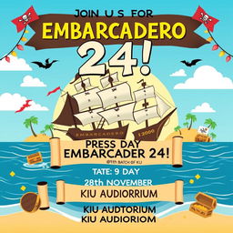 Create a vibrant and engaging poster for a campus event titled 'Embarcadero 24', themed after the movie 'Pirates of the Caribbean'