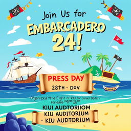 Create a vibrant and engaging poster for a campus event titled 'Embarcadero 24', themed after the movie 'Pirates of the Caribbean'