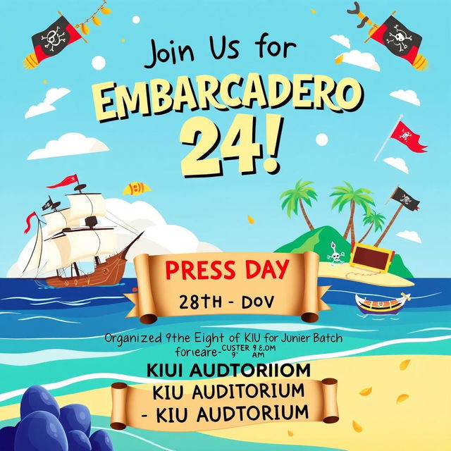 Create a vibrant and engaging poster for a campus event titled 'Embarcadero 24', themed after the movie 'Pirates of the Caribbean'