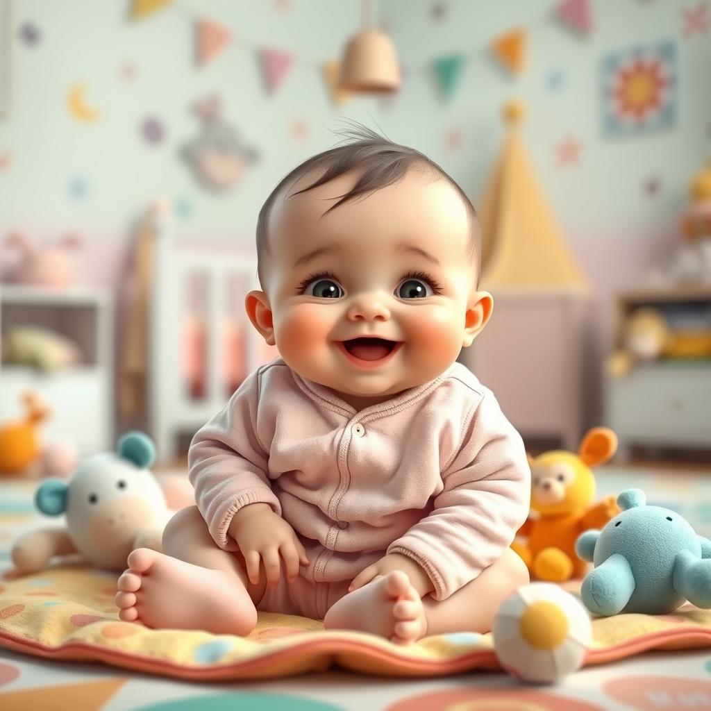 A charming and playful depiction of a chubby baby with a joyful expression, sitting on a colorful mat surrounded by soft toys