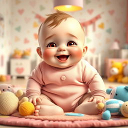 A charming and playful depiction of a chubby baby with a joyful expression, sitting on a colorful mat surrounded by soft toys