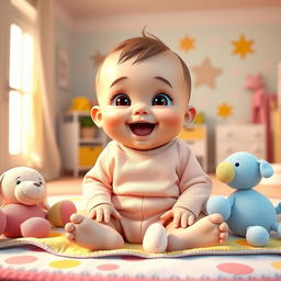 A charming and playful depiction of a chubby baby with a joyful expression, sitting on a colorful mat surrounded by soft toys
