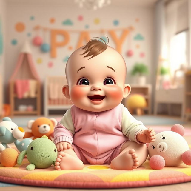 A charming and playful depiction of a chubby baby with a joyful expression, sitting on a colorful mat surrounded by soft toys