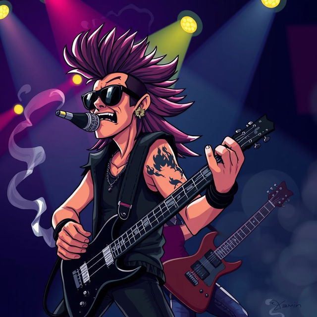 A vibrant cartoon scene featuring a rock singer and guitarist with a mullet hairstyle, passionately performing on stage