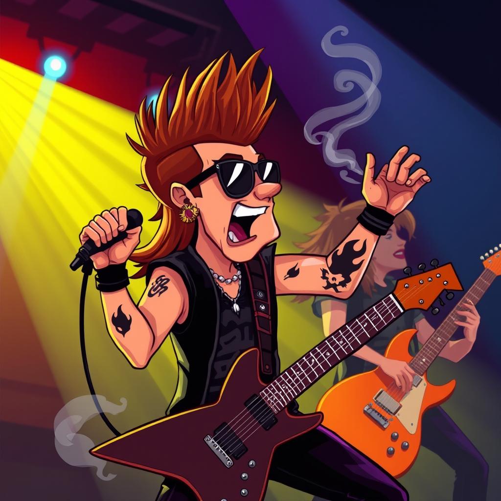 A vibrant cartoon scene featuring a rock singer and guitarist with a mullet hairstyle, passionately performing on stage