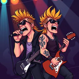 A vibrant cartoon scene featuring a rock singer and guitarist with a mullet hairstyle, passionately performing on stage
