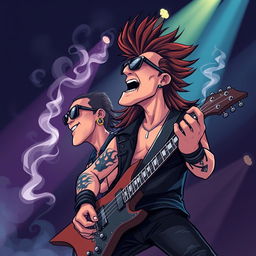 A vibrant cartoon scene featuring a rock singer and guitarist with a mullet hairstyle, passionately performing on stage
