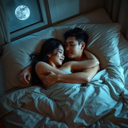 A young Chinese man lying in bed at night, tenderly hugging his beautiful and sexy wife