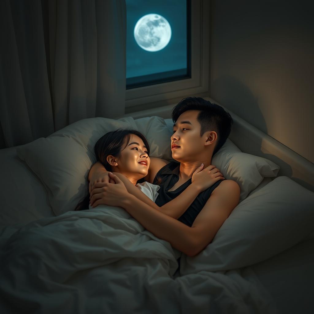 A young Chinese man lying in bed at night, tenderly hugging his beautiful and sexy wife