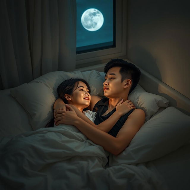 A young Chinese man lying in bed at night, tenderly hugging his beautiful and sexy wife
