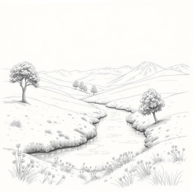 A detailed pencil sketch of a serene landscape, featuring gently rolling hills with lush greenery under a clear sky