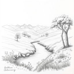 A detailed pencil sketch of a serene landscape, featuring gently rolling hills with lush greenery under a clear sky