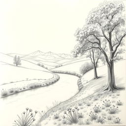 A detailed pencil sketch of a serene landscape, featuring gently rolling hills with lush greenery under a clear sky