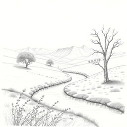 A detailed pencil sketch of a serene landscape, featuring gently rolling hills with lush greenery under a clear sky
