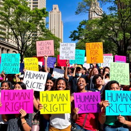 A diverse group of passionate people holding colorful signs advocating for human rights, surrounded by a vibrant urban environment