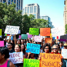 A diverse group of passionate people holding colorful signs advocating for human rights, surrounded by a vibrant urban environment