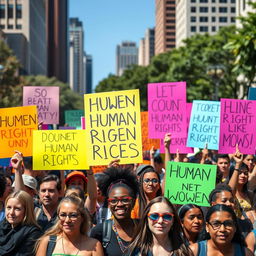 A diverse group of passionate people holding colorful signs advocating for human rights, surrounded by a vibrant urban environment