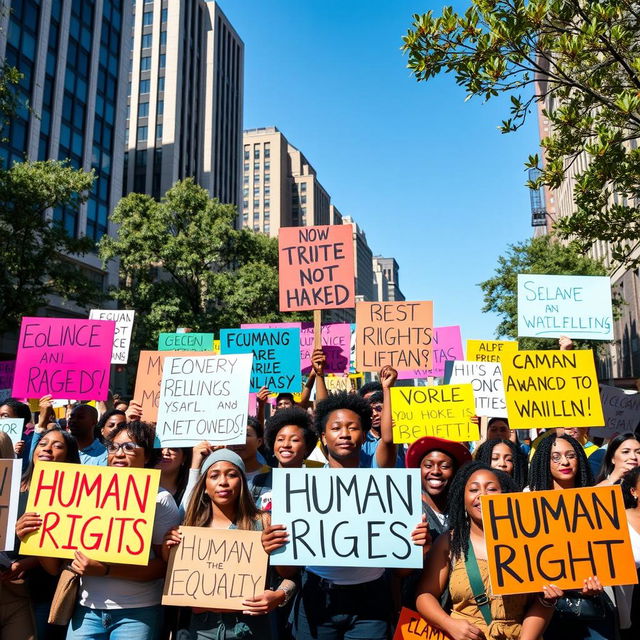 A diverse group of passionate people holding colorful signs advocating for human rights, surrounded by a vibrant urban environment