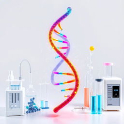An advertising poster design featuring a visually striking representation of DNA strands, entwined in vibrant colors, surrounded by various laboratory equipment related to DNA replication