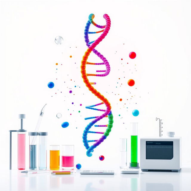 An advertising poster design featuring a visually striking representation of DNA strands, entwined in vibrant colors, surrounded by various laboratory equipment related to DNA replication