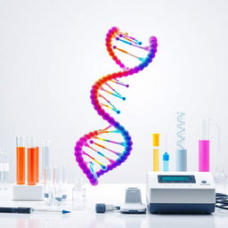 An advertising poster design featuring a visually striking representation of DNA strands, entwined in vibrant colors, surrounded by various laboratory equipment related to DNA replication