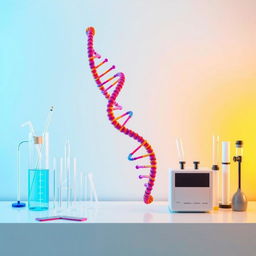 An advertising poster design featuring a visually striking representation of DNA strands, entwined in vibrant colors, surrounded by various laboratory equipment related to DNA replication