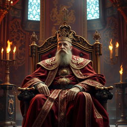 There was a majestic king seated on an ornate throne in a grand, opulently decorated hall of a medieval castle