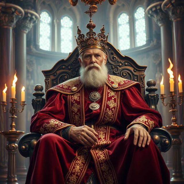 There was a majestic king seated on an ornate throne in a grand, opulently decorated hall of a medieval castle