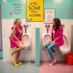 A whimsical scene depicting women confidently using urinals in a fun and quirky public bathroom setting