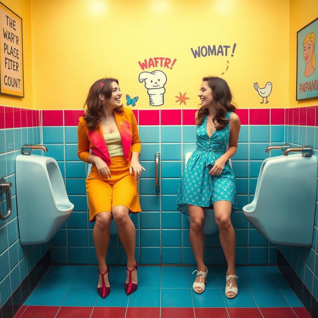 A whimsical scene depicting women confidently using urinals in a fun and quirky public bathroom setting