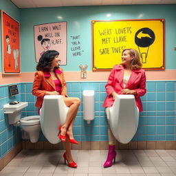A whimsical scene depicting women confidently using urinals in a fun and quirky public bathroom setting
