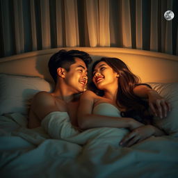 A young Chinese man lying in bed at night, affectionately hugging his beautiful and sexy wife