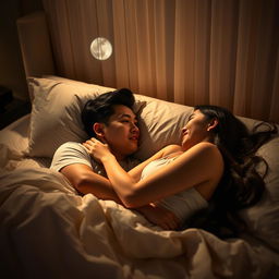 A young Chinese man lying in bed at night, affectionately hugging his beautiful and sexy wife