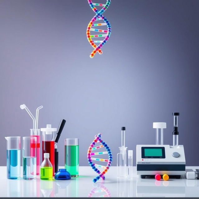 An advertising poster design featuring a detailed and visually engaging representation of DNA strands with vibrant colors, set against a sleek, modern background