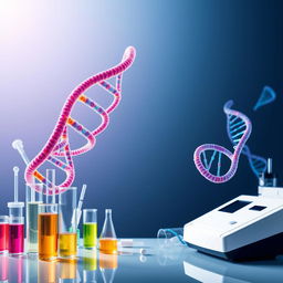 An advertising poster design featuring a detailed and visually engaging representation of DNA strands with vibrant colors, set against a sleek, modern background