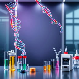 An advertising poster design featuring a detailed and visually engaging representation of DNA strands with vibrant colors, set against a sleek, modern background