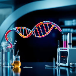 An advertising poster design featuring a detailed and visually engaging representation of DNA strands with vibrant colors, set against a sleek, modern background