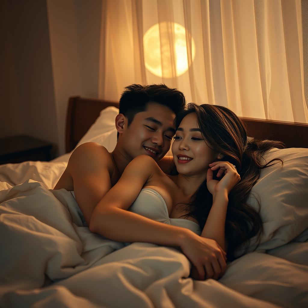 A young Chinese man lying in bed at night, gently hugging his beautiful and sexy wife