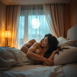 A young Chinese man lying in bed at night, gently hugging his beautiful and sexy wife