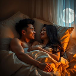A young Chinese man lying in bed at night, gently hugging his beautiful and sexy wife