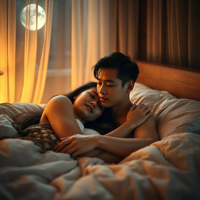 A young Chinese man lying in bed at night, gently hugging his beautiful and sexy wife