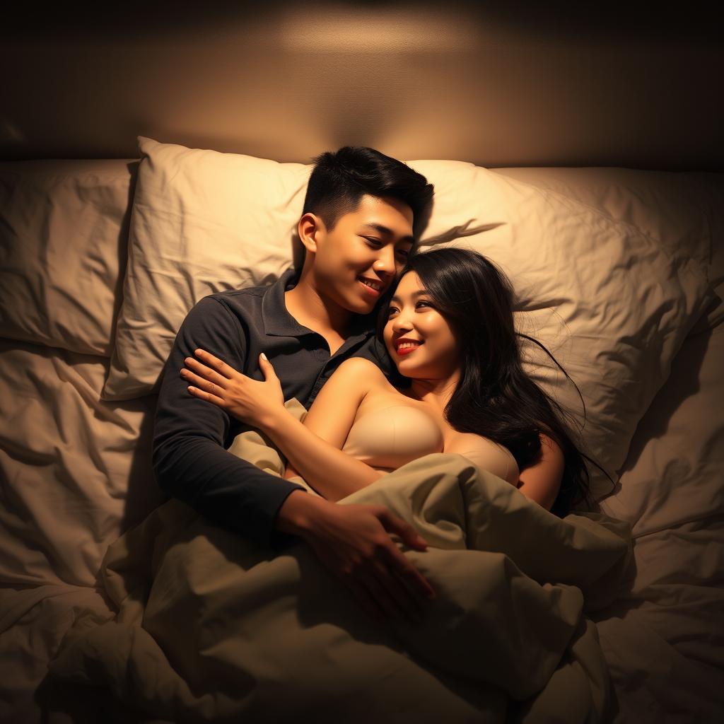 A young Chinese man lying in bed at night, warmly hugging his beautiful and sexy wife