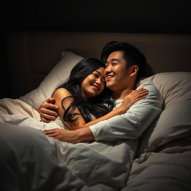 A young Chinese man lying in bed at night, warmly hugging his beautiful and sexy wife