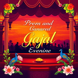 A vibrant poster for an evening celebrating 'Prem Anand Gajal', featuring a grand stage with traditional Indian decorations