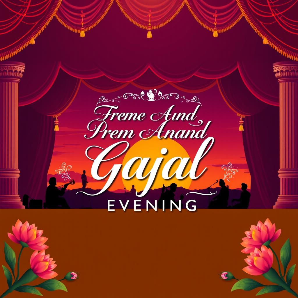 A vibrant poster for an evening celebrating 'Prem Anand Gajal', featuring a grand stage with traditional Indian decorations