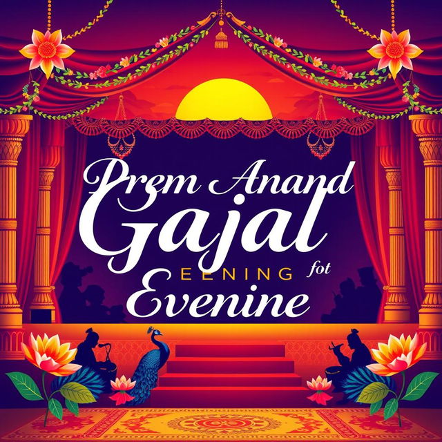 A vibrant poster for an evening celebrating 'Prem Anand Gajal', featuring a grand stage with traditional Indian decorations